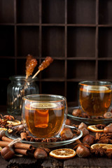 Still life with tea cup on dark background