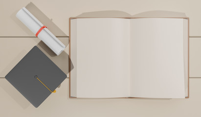 Topview of graduation cap and open books on table, back to school concept 3D rendering
