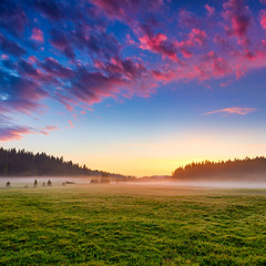 Amaizing sunrise view on Durmitor mountains, National Park, Mediterranean, village Zabljak,  Montenegro, Balkans, Europe.  Strange misty pasture in the sunlight.  Bright summer view on alpine valley.