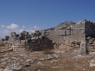 The ruins of the ancient city of Tehra on the plateau of Mesa Vouno mountain, on the island of Santorini, Greece.