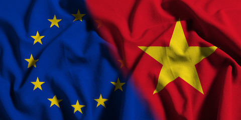 National flag of Vietnam with European Union (EU) flag on a waving cotton texture background