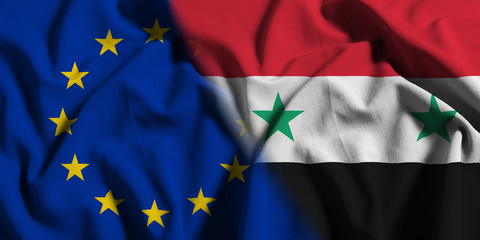 National flag of Syria with European Union (EU) flag on a waving cotton texture background
