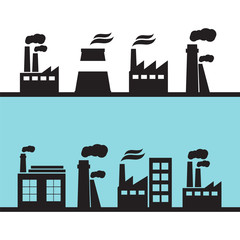 Set of industry manufactory building icons. Plant and factory, power and smoke, oil and energy