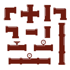 Set of black isolated plumbing pipes icon. Pipe fittings vector icons set