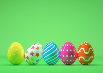3D render illustration of a row of funny Easter eggs decorated with different colors and designs. Space for text on green background. Happy Easter.