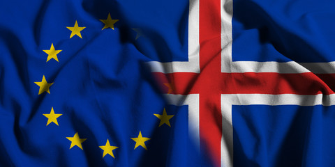 National flag of Iceland with European Union (EU) flag on a waving cotton texture background