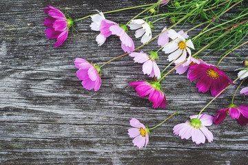 Bouquet of colorful wildflowers on an old wooden textural background close-up, soft focus