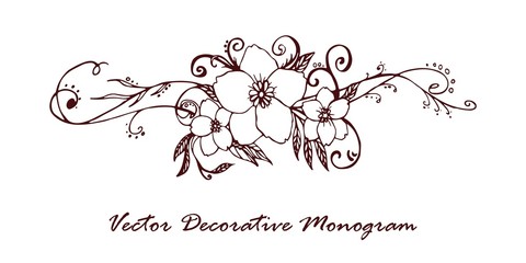Vector decorative monogram floral outline linear hand drawing
