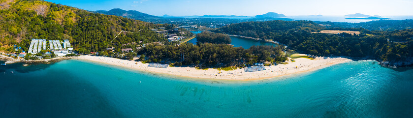 Aerial panorama of Nai Harn beach located on the south of Phuket island in Thailand - obrazy, fototapety, plakaty