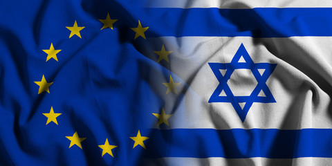 National flag of Israel with European Union (EU) flag on a waving cotton texture background