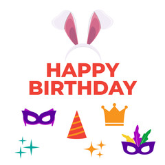 Party Happy Birthday photo booth props. Hat and mask, costume and cylinder, bunny ears nose moustache