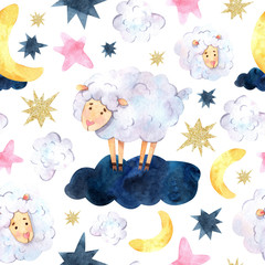 Seamless watercolor pattern with sleeping lambs, colorful stars and a clouds is suitable for fabric, printing, wallpaper, baby linen and textiles, souvenirs, covers and scrapbook paper.