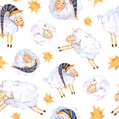 Behang Slapende dieren Naadloos aquarelpatroon met slapende lammeren en gele sterren geschikt voor stof, bedrukking, behang, babylinnen en textiel, souvenirs, omslagen en plakboekpapier.