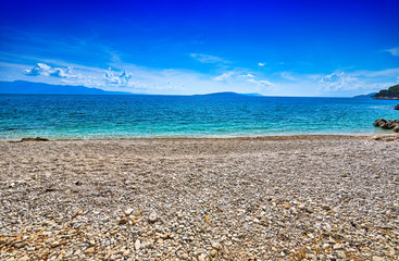 Amazing seascape of Adriatic sea. Luchica beach Croatia, Europe. Colorful summer view of small beach. Croatian coast with clear water and pine trees around. Tropical viewpoint for design postcard.