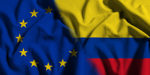National flag of Colombia with European Union (EU) flag on a waving cotton texture background