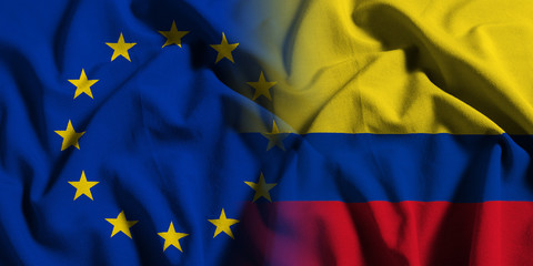 National flag of Colombia with European Union (EU) flag on a waving cotton texture background