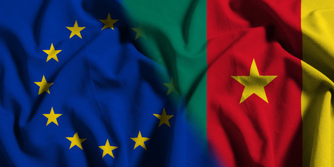 National flag of Cameroon with European Union (EU) flag on a waving cotton texture background