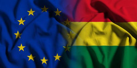 National flag of Bolivia with European Union (EU) flag on a waving cotton texture background