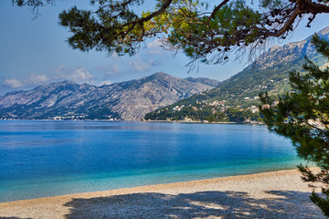 Amazing seascape of Adriatic sea. Colorful summer view of small Brela beach Croatia, Europe. Croatian coast with clear water and pine trees around. Tropical viewpoint for design postcard.