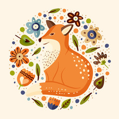 Cartoon fox cute vector illustration. Vintage forest clever funny animal round card.