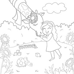 Girl hugging a giraffe. Vector illustration of hand-drawn. Coloring book for adults and children.