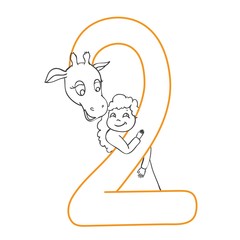 Animal shaped giraffe balloon writing number two against white background with drop shadow and ready to crop out for all your design needs. 3D Rendering.