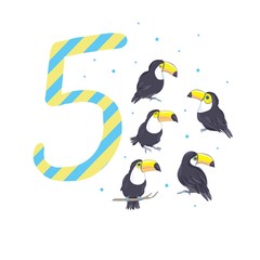 cartoon illustration with number five and toucans