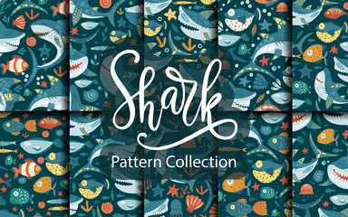 Naklejka premium Seamless vector pattern set with cute cartoon funny shark fish in a flat style. Cheerful kid underwater fabric background collection. Baby shark Doo Doo Doo.