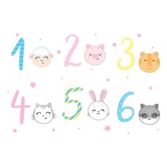 Funky Animals Standing Next To Digits Sticker Set. Stylized Colorful Flat Vector Illustrations For Kids On White Background,