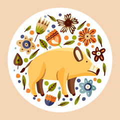 Wild boar woodland flat vector animal illustration. Cute cartoon hog character with ornate floral botanical elements.