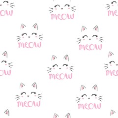 Seamless vector pattern with cats. Smiling cute cats background.