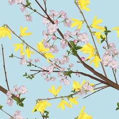 Floral seamless pattern. Beautiful spring background with sakura and Forsythia flowers branches. Gentle flower tile wallpaper for bedclothes design.