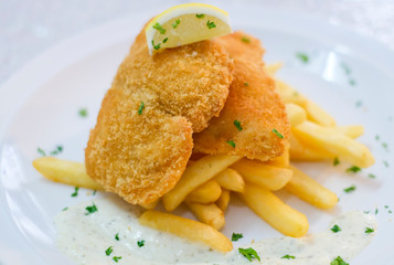 Fish and chips with french fries and tartar sauce