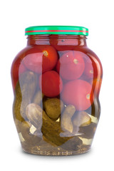 A glass jar of tasties canned tomatoes and cucumbers on white background