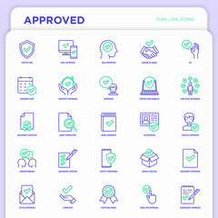 Approved thin line icons set: sync, idea, agreement, calendar date, employee, audit completed, document certified, profile, checklist, understanding. Modern vector illustration.