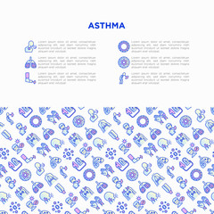 Fototapeta na wymiar Asthma concept with thin line icons: allergen, dyspnea, cough, wheezing, chest pain, diaphragm, asthma attack, hives, sputum, peak flow meter, inhaler. Vector illustration, template with copy space.