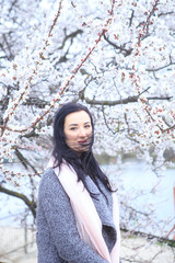  Brunette girl in a flowering cherry tree in spring
