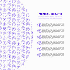 Fototapeta na wymiar Mental health template with copy space and thin line icons: mental growth, negative thinking, emotional reasoning, logical plan, obsession, inner dialogue, balance, self identity. Vector illustration.