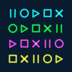 Neon signs. Glowing icons for games, video games, banner, poster, retro style, vintage game
