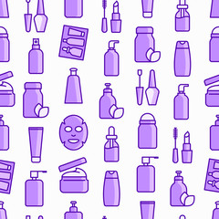 Beauty shop seamless pattern with thin line icons: skin care, cream, gel, organic cosmetics, make up, soap dispenser, nail care, beauty box, face oil, shampoo, sheet mask. Modern vector illustration.
