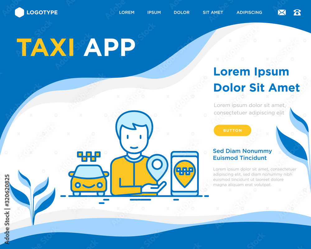 Poster man using taxi app on smartphone. web page template with copy space. thin line icon. vector illustra