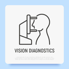 Vision diagnostics: human looking at ophthalmic refractometer. Thin line icon. Modern vector illustration for ophthalmology.
