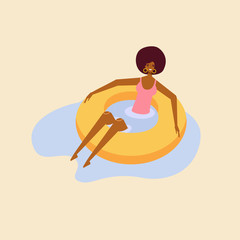 sum_05Beautiful black african american girl lying on floating air mattress. Idea for summer poster. Fun summertime on the beach. Female character. Vector cartoon illustration, flat design, isolated 