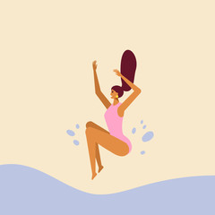 Fototapeta na wymiar Idea for summer poster. Beautiful young girl fun jumping into the pool. Fun summertime on the beach. Female character. Vector cartoon illustration, flat design, isolated 