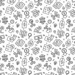 Rate cut seamless pattern with thin line icons: cutting price, cost reduction, sale, discount, receipt, loyalty card, interest. Modern vector illustration.