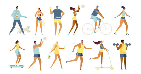 Fototapeta na wymiar Set of vector cartoon characters. Young men and women have a fun time, go in for sports, ride a bike, roller skate, scooter, play ball. Healthy lifestyle in the fresh air. Flat design, white isolated 