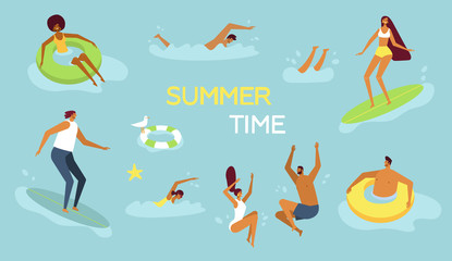 Young women and men have a fun time, play ball, swim, dive, surf and lie on tube. Flat design, trendy style, minimal. Template for summer time poster, place for your text. People in the water