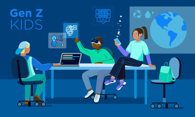 Vector illustration of Generation Z, modern children who can and know how to use digital gadgets
