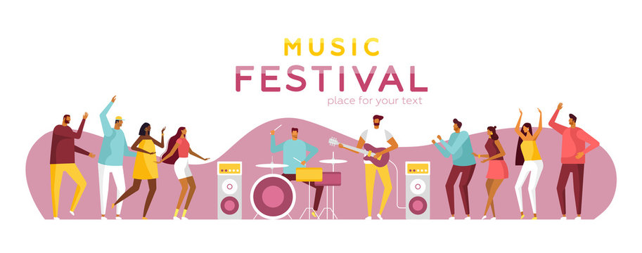 Poster for music summer festival. Open air live performance. Party in park, camp. Pop, rock musicians and funny dancing people. Template for web. Vector illustration, flat design, white isolated 