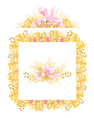Clip art with rose magnolia flowers, gold leaves and   floral frames. Isolated  elements on a white background.  Stock illustration hand painted in watercolor.